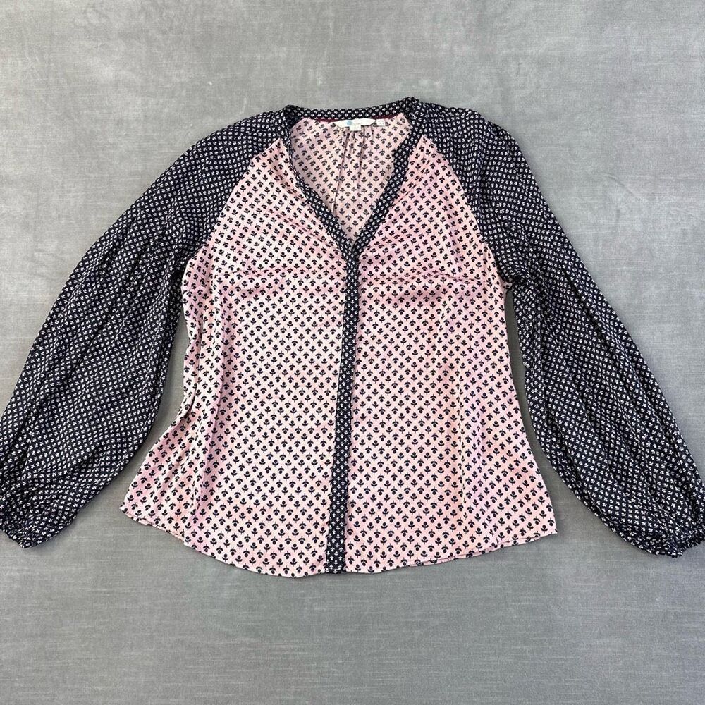 Boden Blouse Women’s 8 Pink Floral Button Front Puff Sleeve‎ Flowy Satin